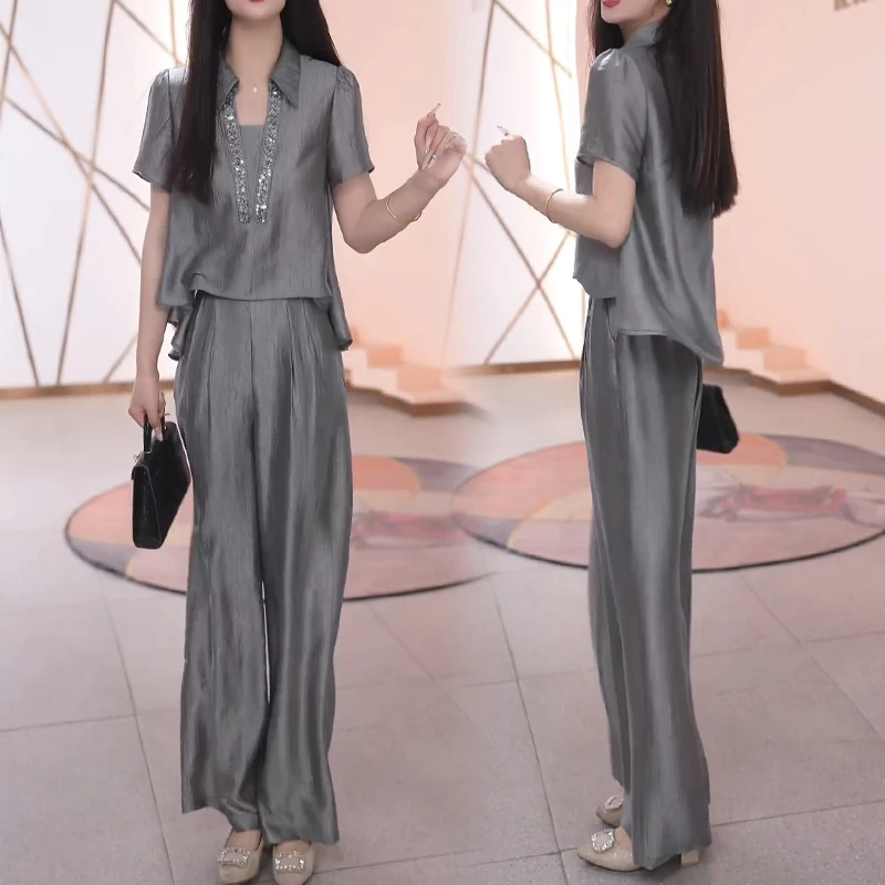 洋气时尚套装2025夏设计感亮片V领显瘦上衣宽松遮肉阔腿裤两件套