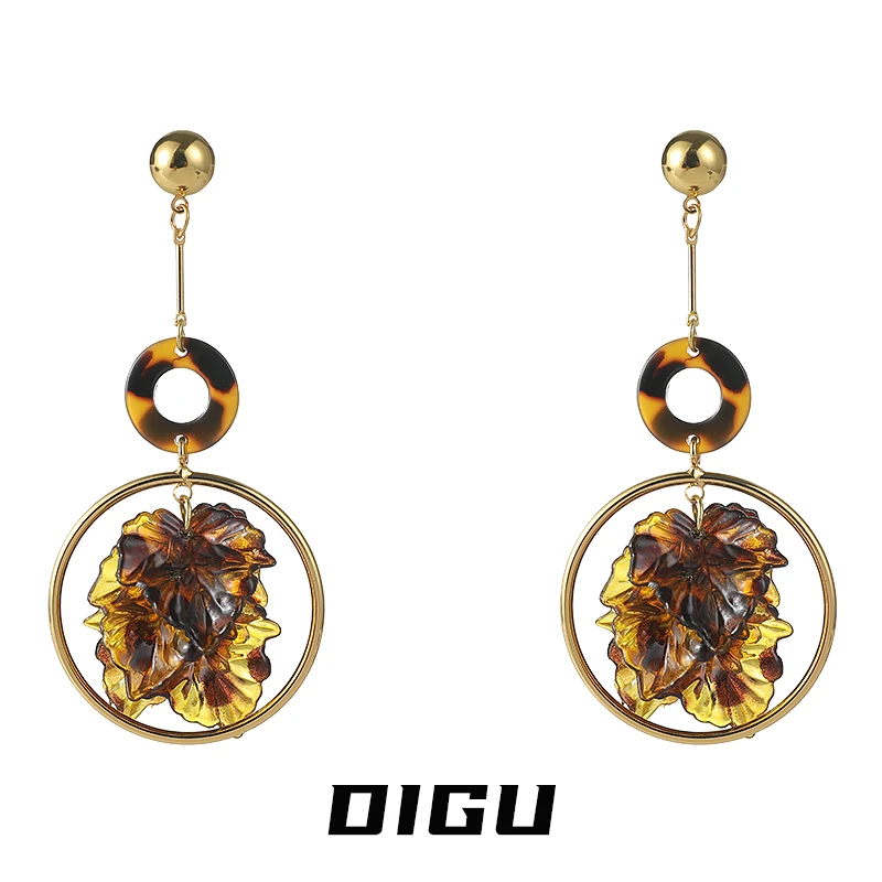 嘀咕家 铜合金亚克力耳饰 个性豹纹树叶吊坠耳环轻奢耳坠时尚耳饰