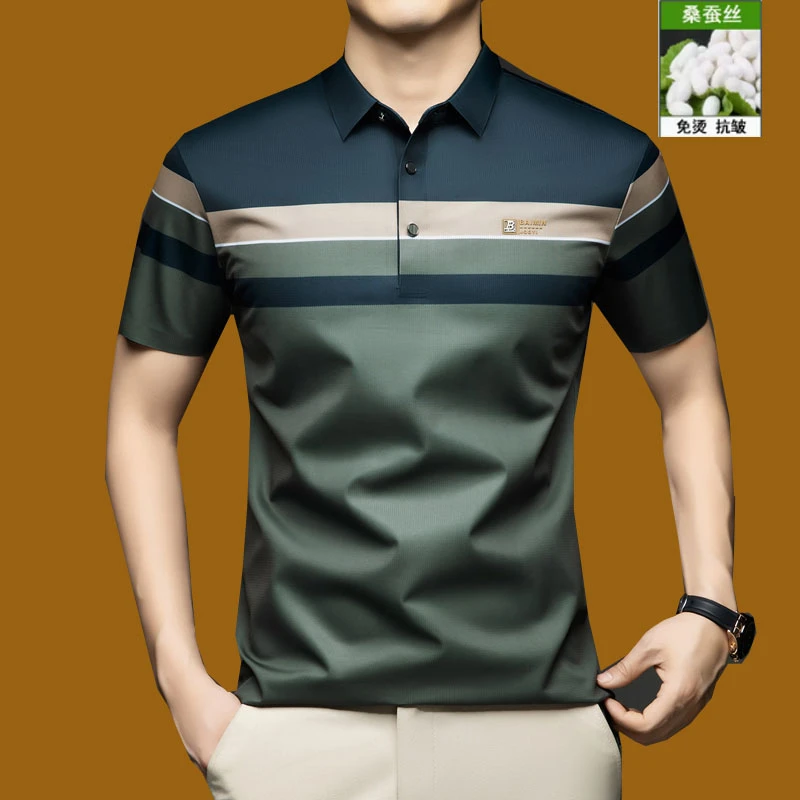 奢侈品牌翻领中年条纹短袖T恤男士半袖时尚免烫polo夏季新款男装