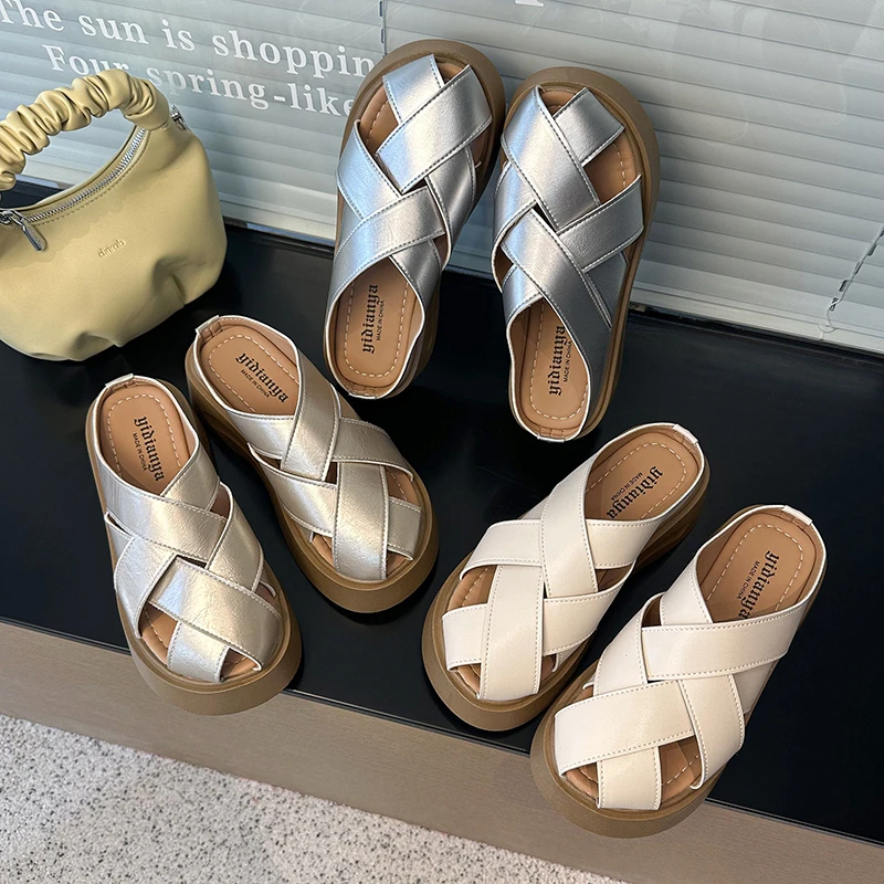 女士夏季小个子厚底半包头拖鞋新款编织镂空休闲百搭勃肯凉拖鞋