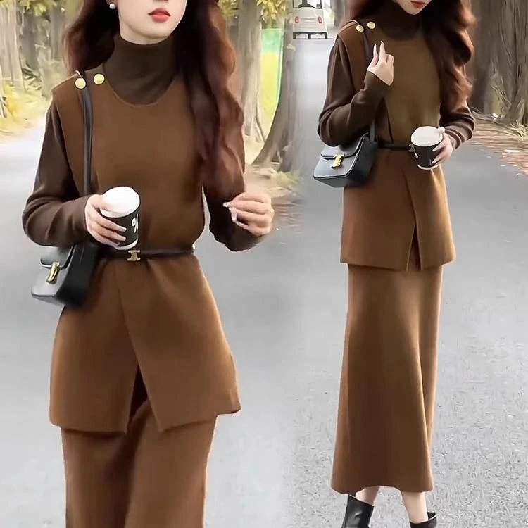 拉夏贝尔洋气时尚套装女秋季新款减龄显瘦高级感打底衫半裙三件套