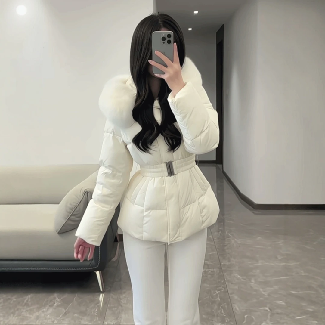 白鸭绒白色连帽大毛领羽绒服女2025年冬季新款收腰显瘦小个子外套