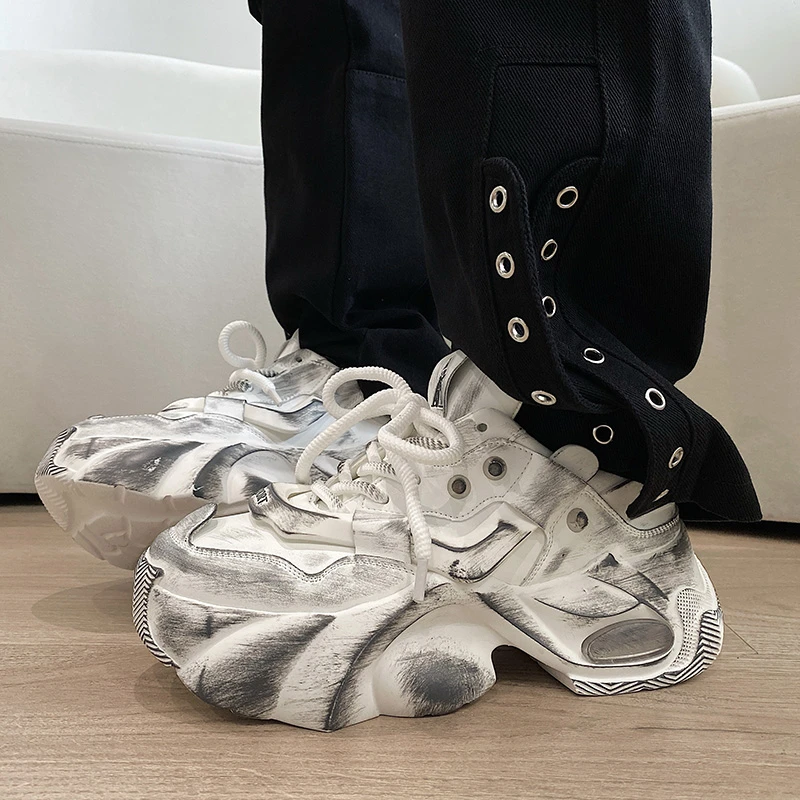 厚底增高老爹鞋男小众擦色做旧复古面包鞋潮流ins网红运动休闲鞋