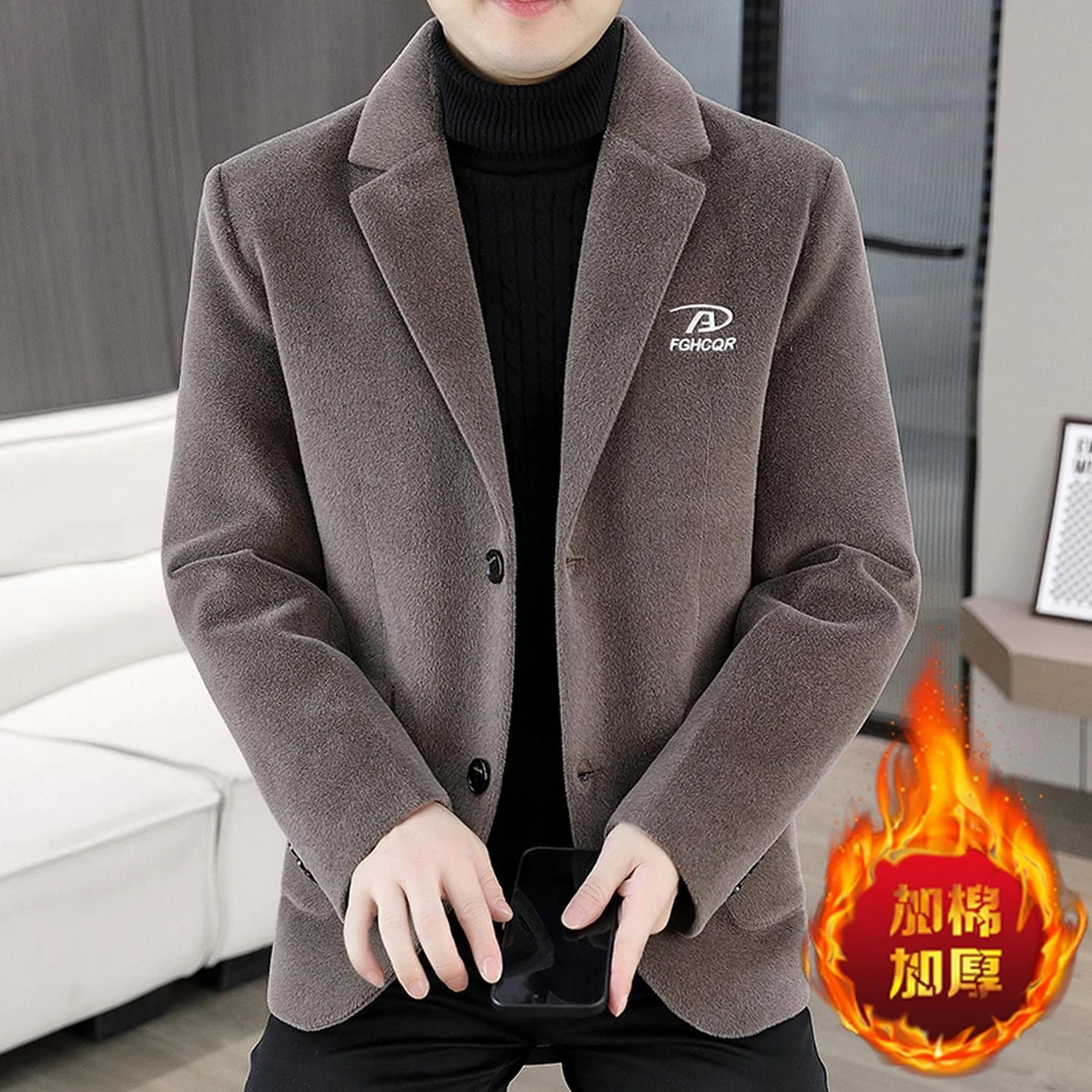 潮牌刺绣男士西装外套男款秋冬季加棉加厚休闲修身毛呢西服上衣男