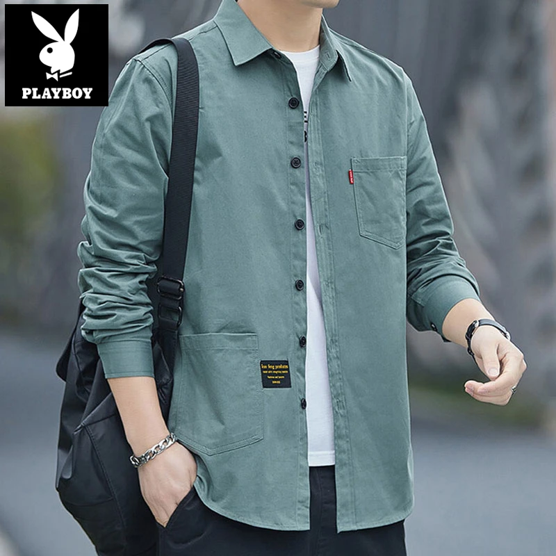 花花公子纯棉长袖衬衫男士春秋季休闲工装全棉衬衣青年外套宽松韩