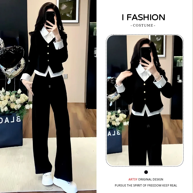 高含棉时尚气质套装女2026年春秋新款设计感假两件上衣长裤两件套