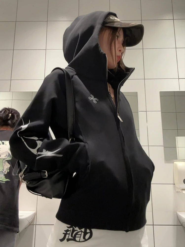 美式高街朋克连帽短款开衫卫衣女2025春秋季新款修身正肩上衣外套