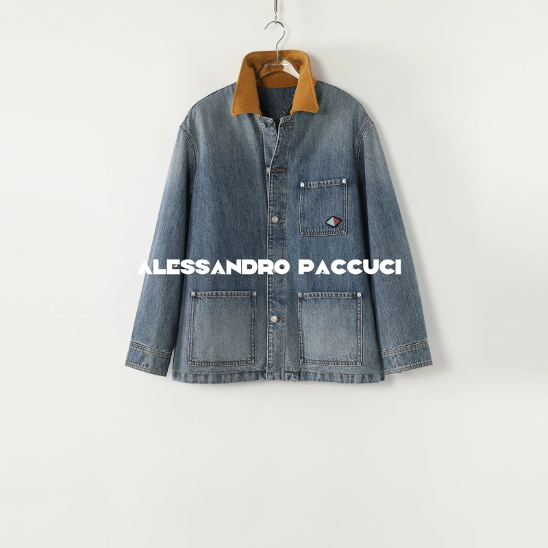 AP洛哥53038NW【雾蓝回忆】棉+撞色羊皮翻领多口袋复古休闲牛仔外套