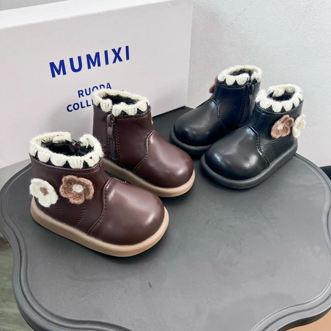 【森系花花】女童韩版加绒公主风短靴棉靴保暖宝宝皮靴小童时尚冬季
