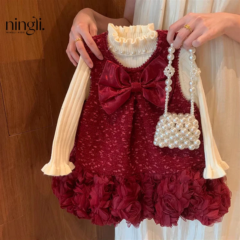 柠里女童公主裙周岁礼服新款冬装女宝宝背心裙加绒连衣裙红拜年服