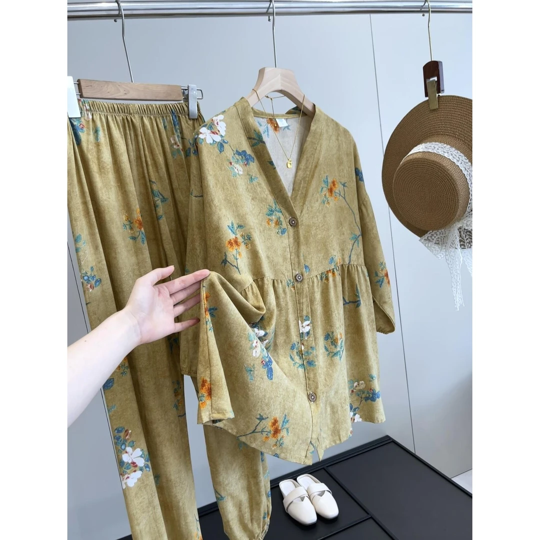 绵绸丝滑垂顺 可外穿中袖束脚裤宽松两件套家居服