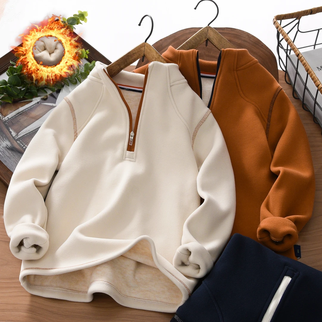 男童加绒卫衣冬季2025新款中大童保暖一体绒儿童韩版立领休闲长袖