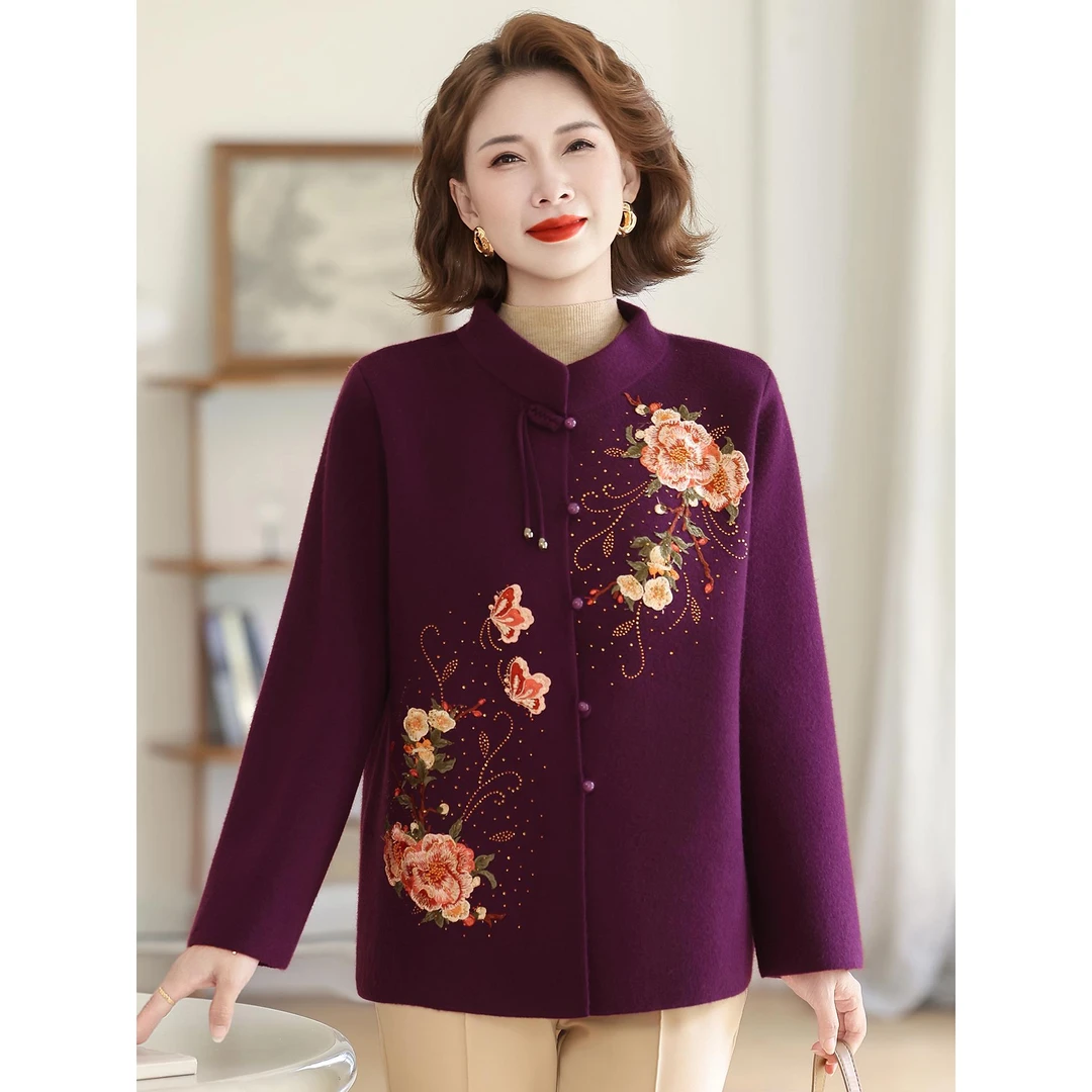 妈妈装春秋大码新中式针织开衫老太太高档上衣喜婆婆婚宴绣花外套