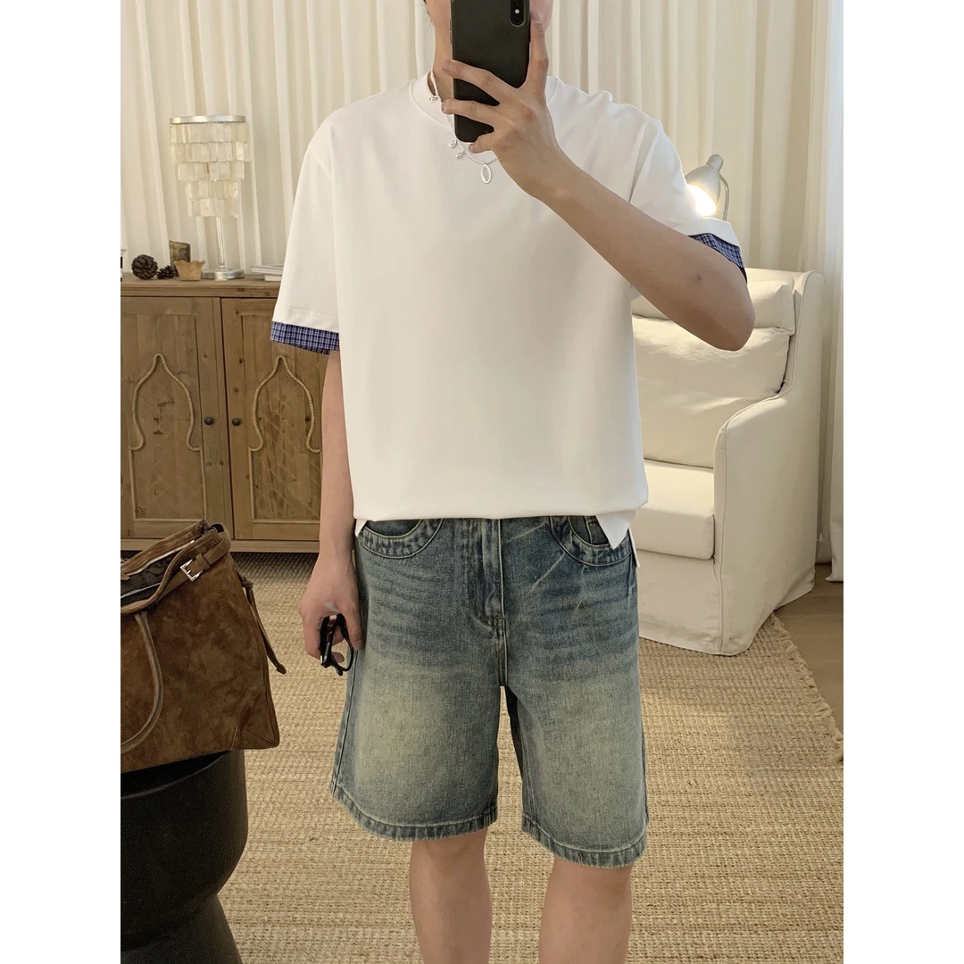 阿茶与阿古白色拼边短袖男夏季潮流百搭宽松休闲上衣t恤A2504603
