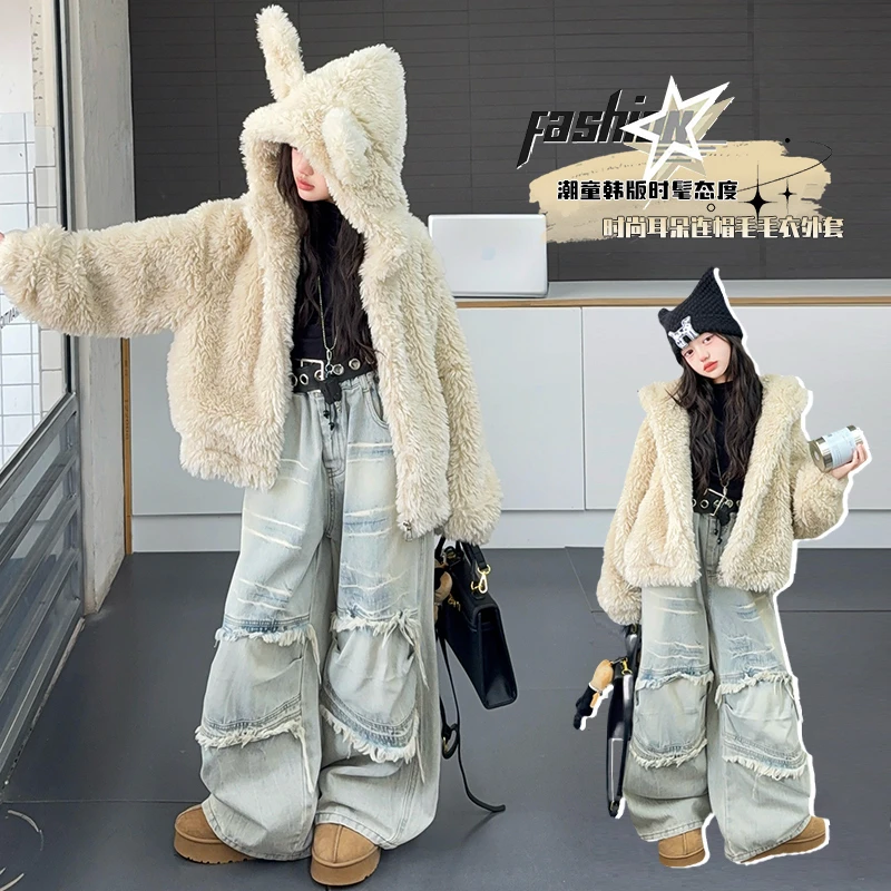 女童秋装2025新款中大童加绒洋气连帽加厚小个子外套秋冬季儿童装