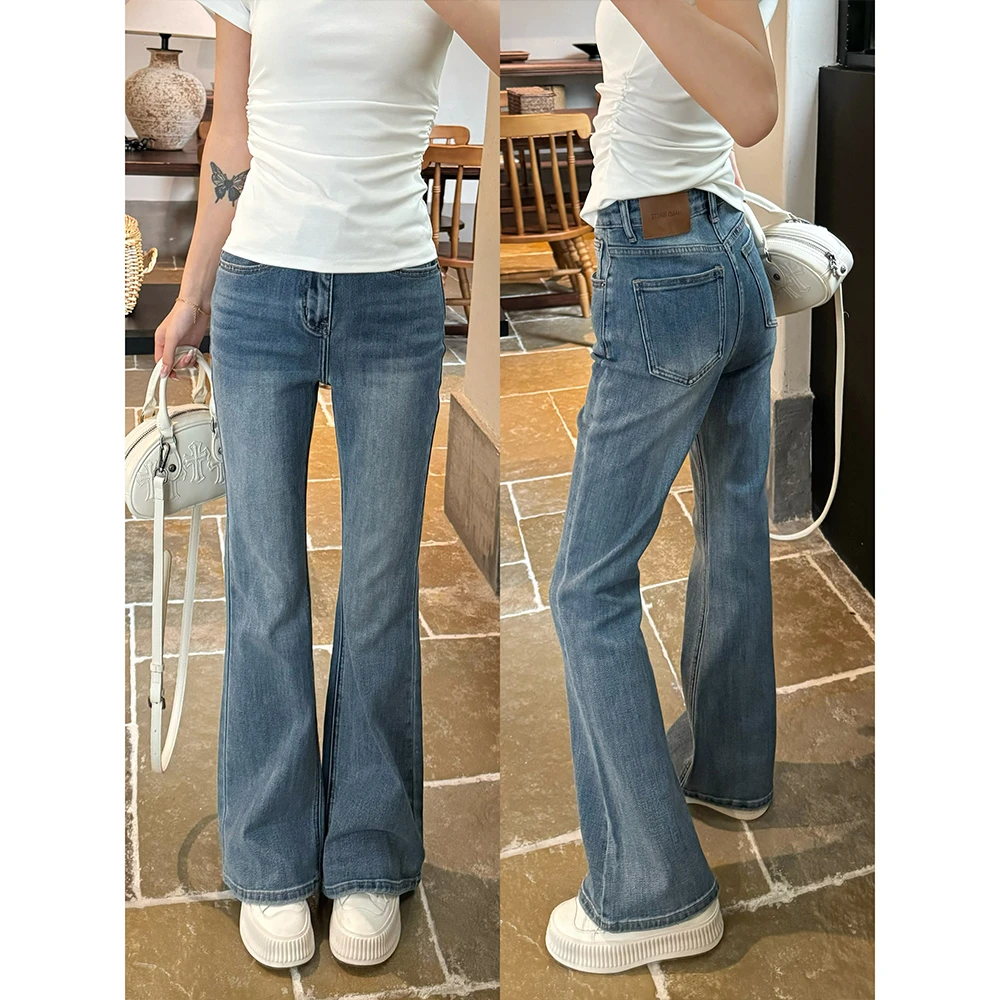 王家有鱼2025春上新蓝色欧若风微喇裤女裤时尚修身显瘦微喇牛仔裤