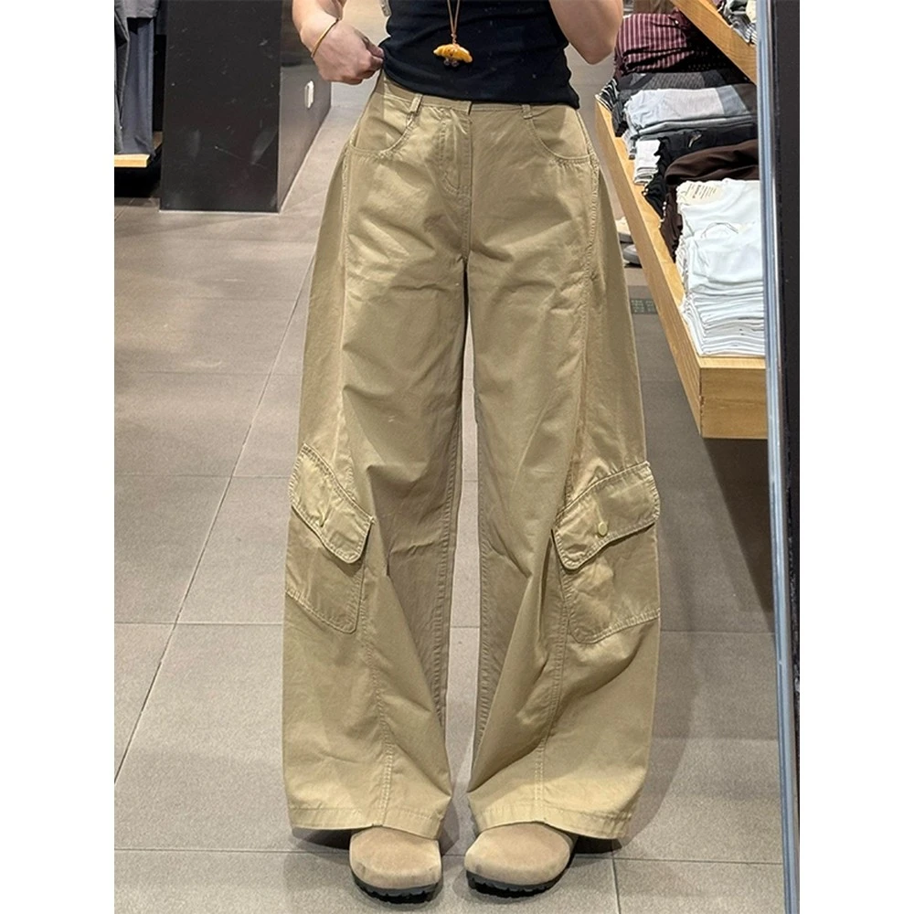 卡其色弯刀裤子女小个子穿搭美式复古多口袋工装裤梨形身材阔腿裤