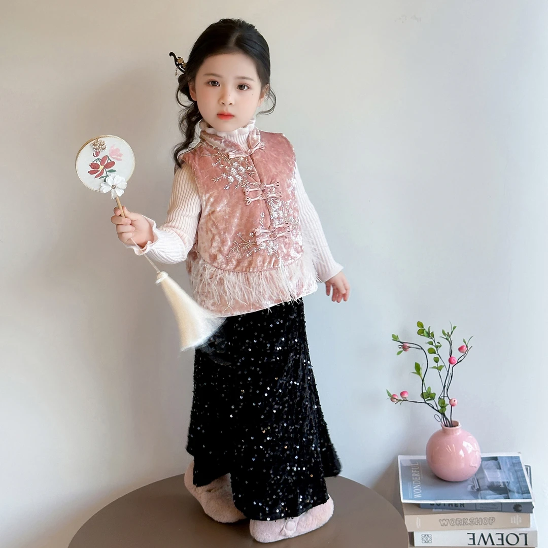 女童新中式国风汉服套装冬季2025新款旗袍马甲背心半身裙子三件套