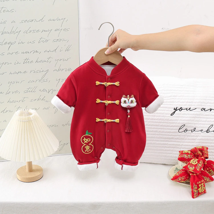 婴儿衣服秋冬装婴幼儿宝宝加绒夹棉连体衣百天周岁服装冬季外出服