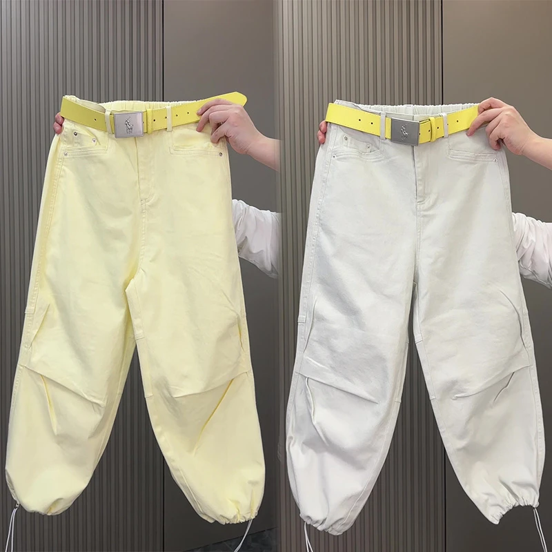 欧货浅色高腰休闲哈伦裤女2025春夏新款宽松显瘦束脚老爹裤九分裤