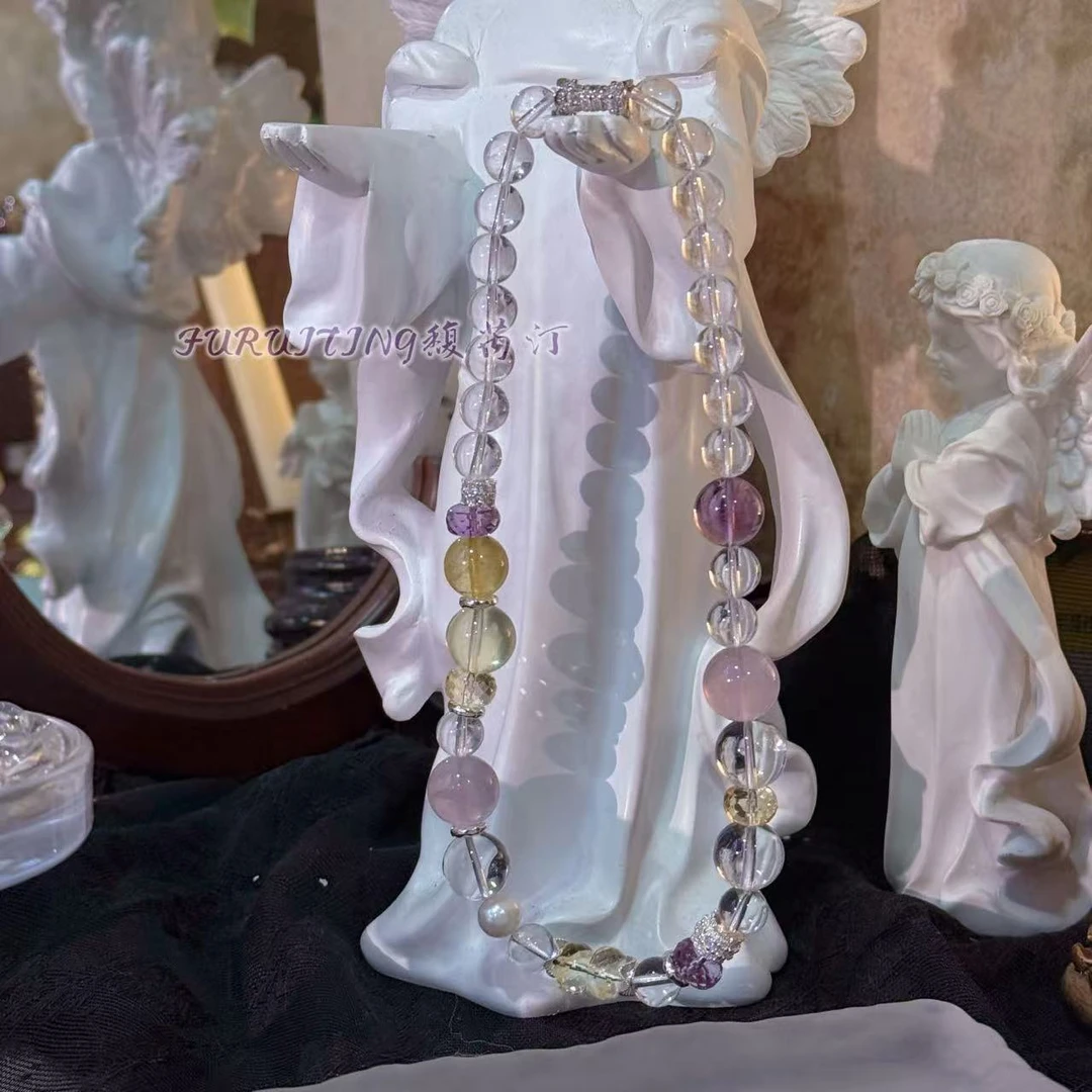 白水晶金发晶柠檬晶粉晶紫水晶圆珠黄水晶紫水晶算盘珠珍珠项链