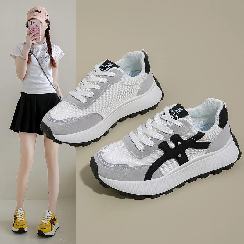 德训鞋女款2025夏季新款透气网面阿甘鞋厚底百搭运动老爹女鞋