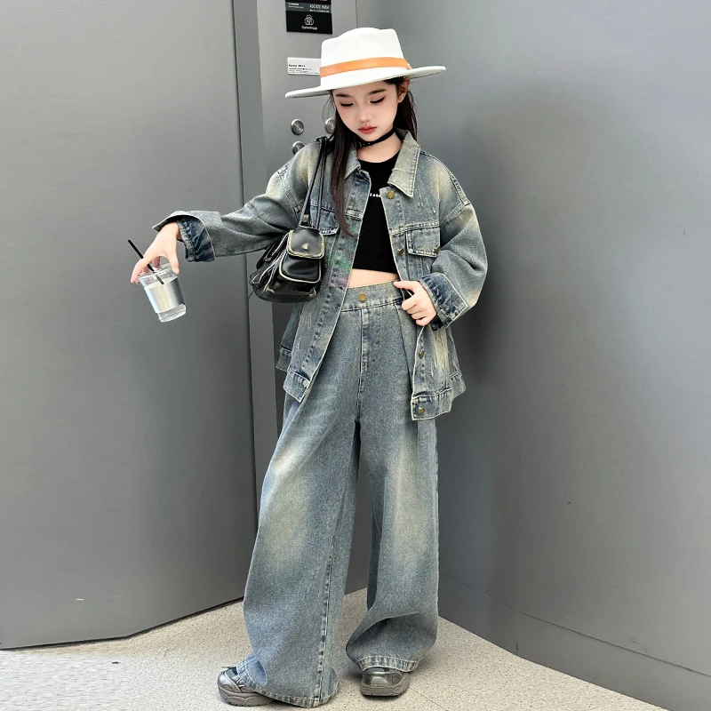 女童牛仔套装春秋2025新款韩范潮酷宽松时髦炸街外套阔腿裤两件套