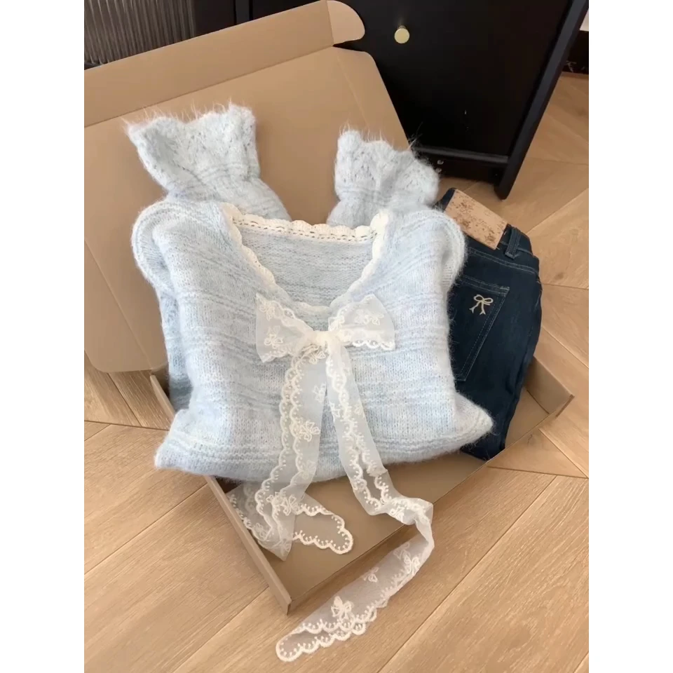 法式蕾丝蝴蝶结喇叭长袖套头针织衫毛衣女2025新款设计感小众上衣