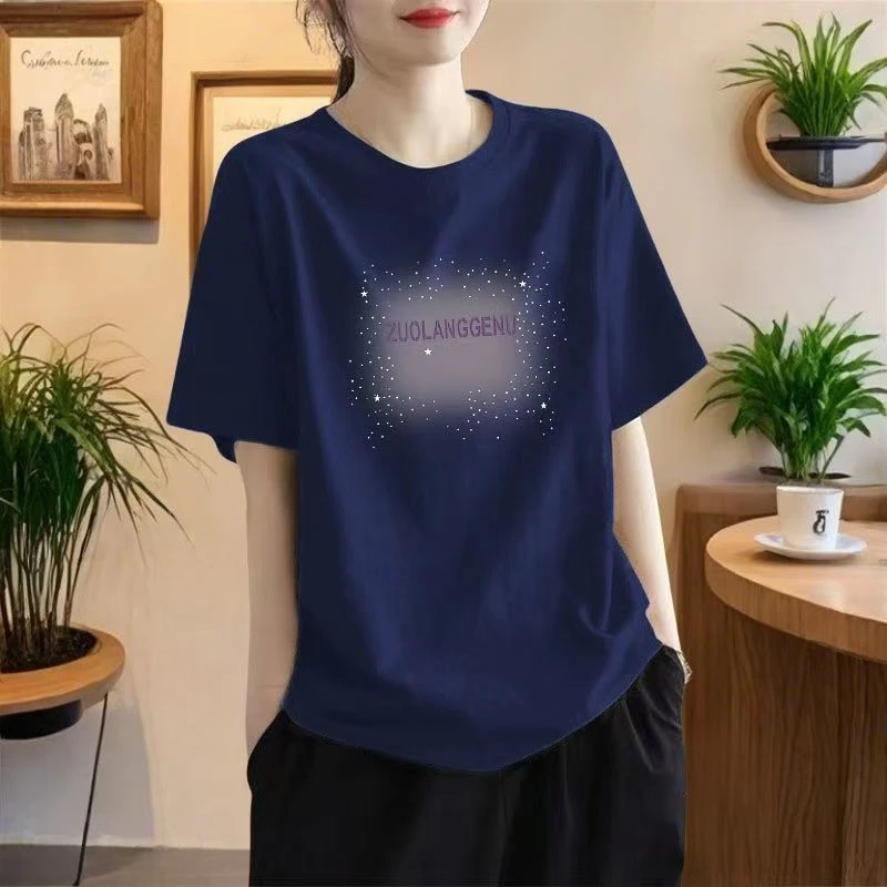100%纯棉t恤女短袖夏季宽松上衣印花正肩新款百搭中长款恤ins潮