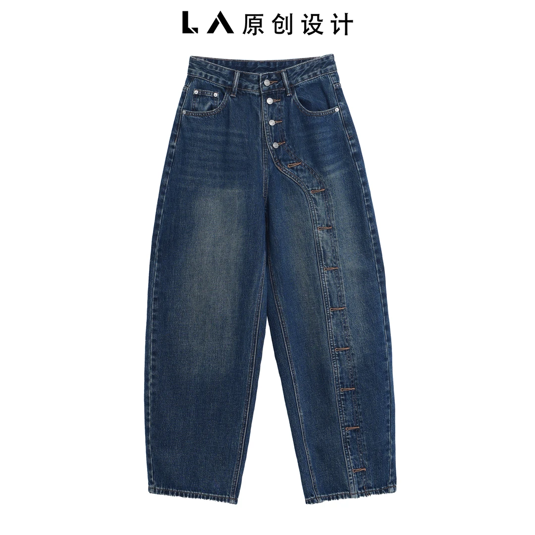 【LA Brand】“法棍牛仔”设计感斜裁纽扣弯刀堆堆裤牛仔裤