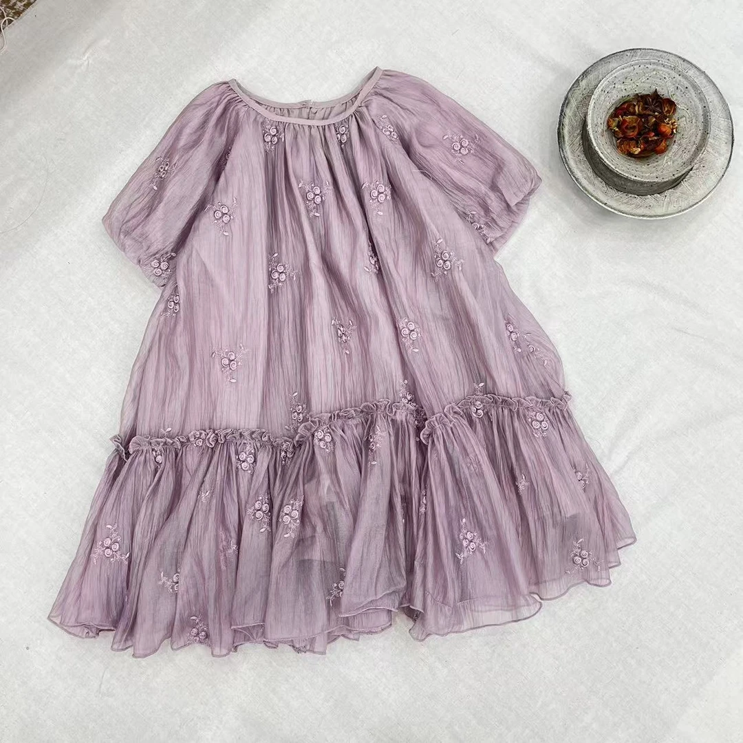 b.bota2025夏款儿童粉紫色纱纱绣花泡泡袖连衣裙 bt6067