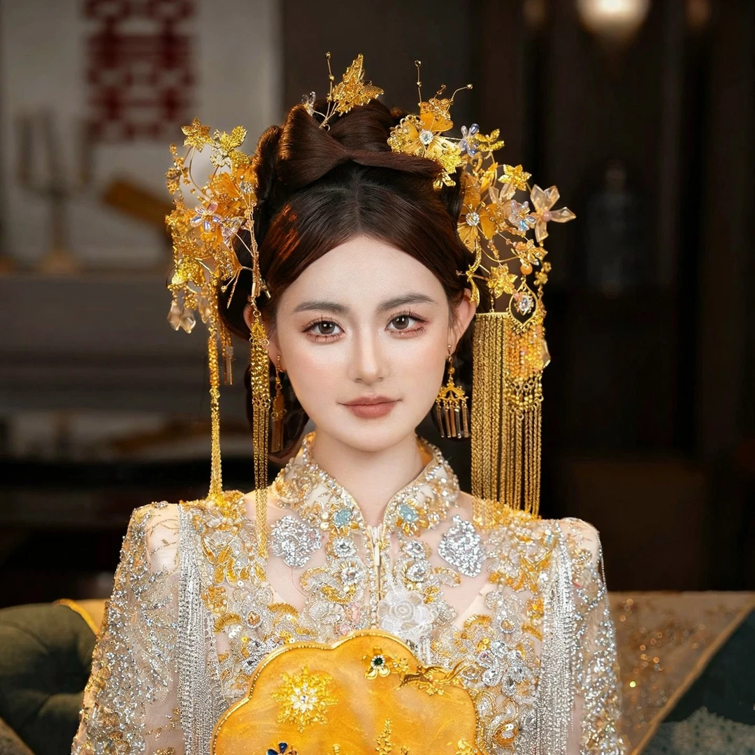 D49喜看新款金色造液花古风秀禾中式婚礼新娘头饰