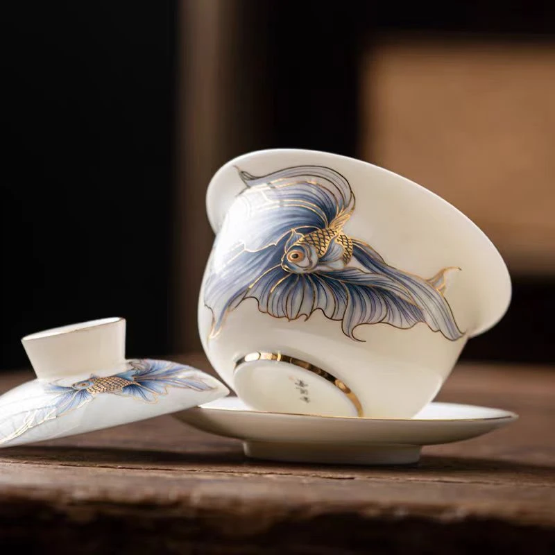 羊脂玉冰种瓷金鱼白瓷三才盖碗6326