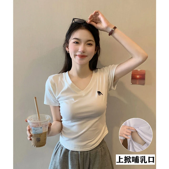 夏款哺乳装外出时尚百搭上掀式短袖T恤薄款显瘦产后纯棉喂奶上衣