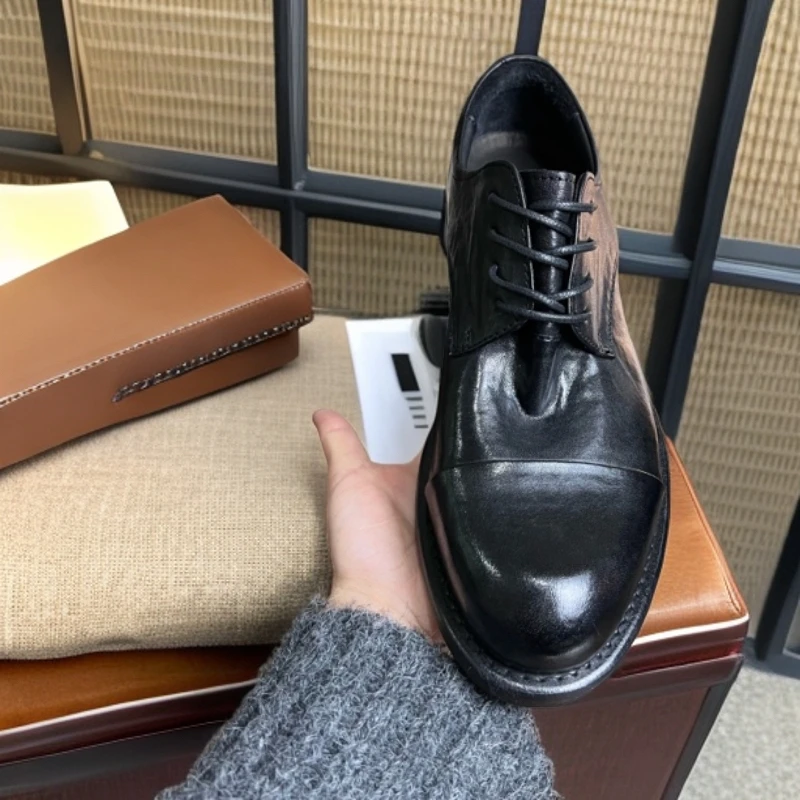 三接头手工男鞋商务正装休闲皮鞋男尖头马皮真皮大底英伦新郎婚鞋