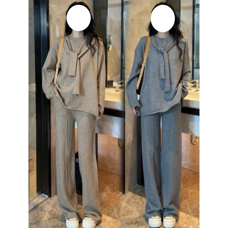 欧韩纯色长袖套头针织衫+披肩+阔腿裤秋冬显瘦遮肉高级感三件套潮