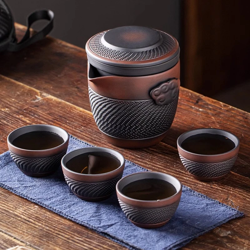 流影紫陶旅行茶具小套装车载户外露营便携式快客杯手抓壶一壶四杯