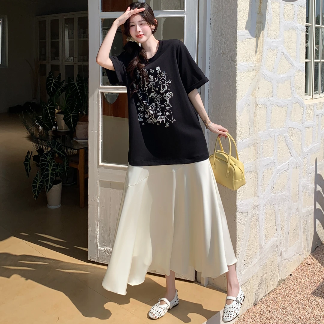 2025夏新款大码撞色拼接涂鸦T恤连衣裙胖mm藏肉宽松休闲裙子夏装