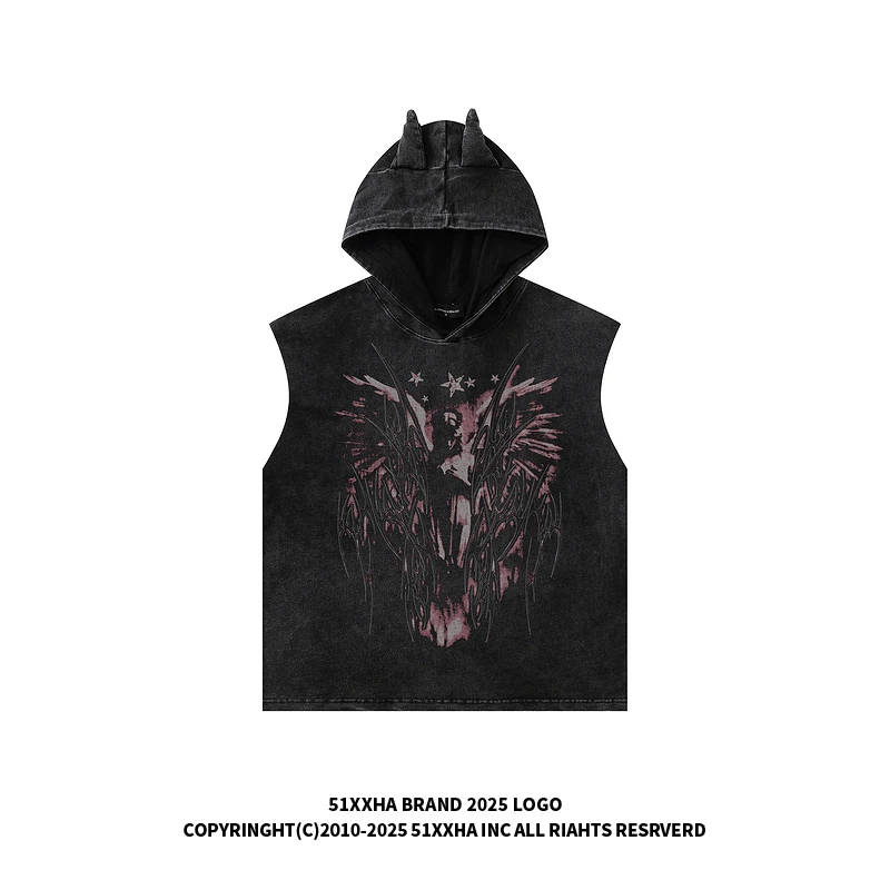 51嘻哈高街复古vintage天使印花连帽无袖T恤男女夏季宽松坎肩背心