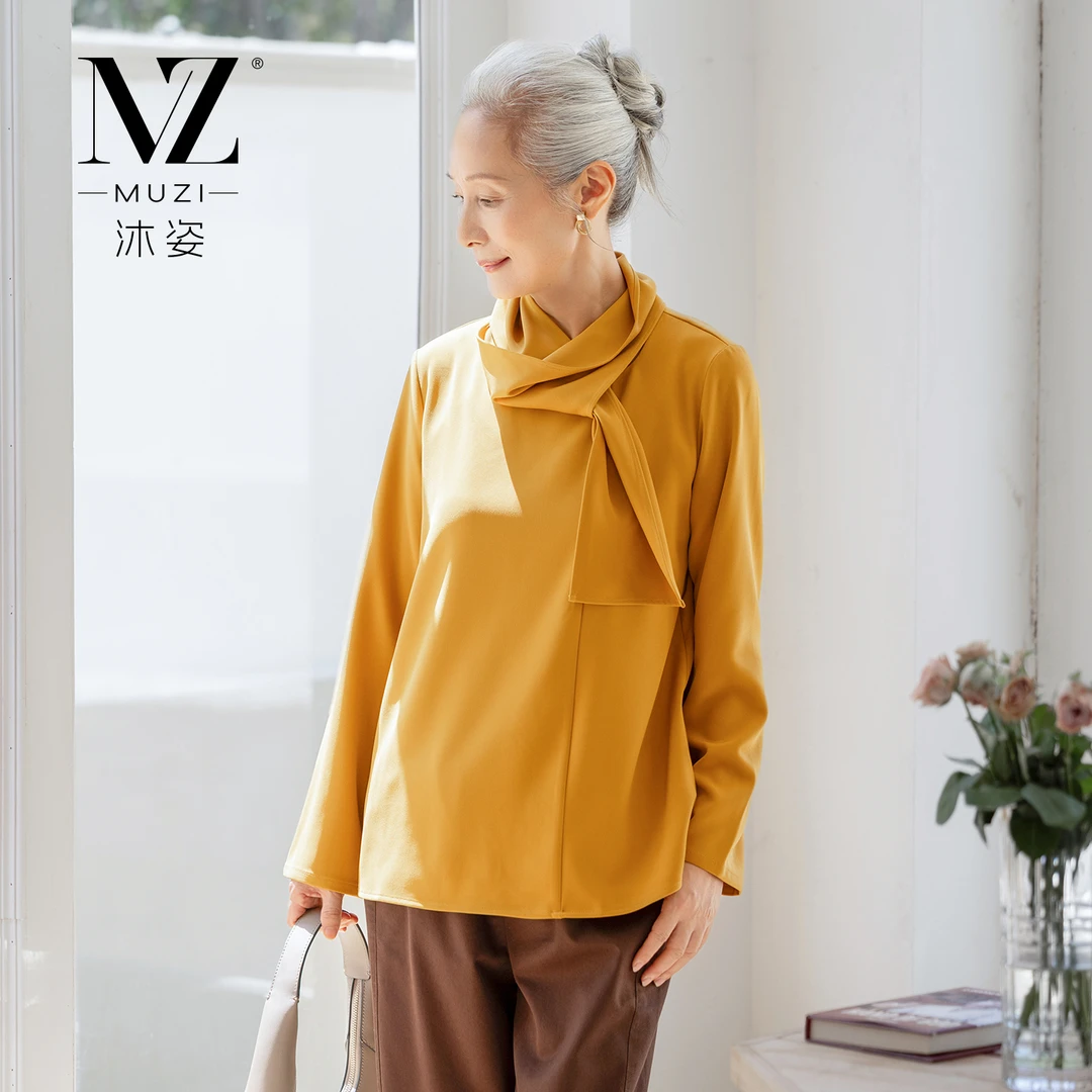 沐姿中老年女士优雅飘带衬衫秋季新款妈妈装气质长袖上衣