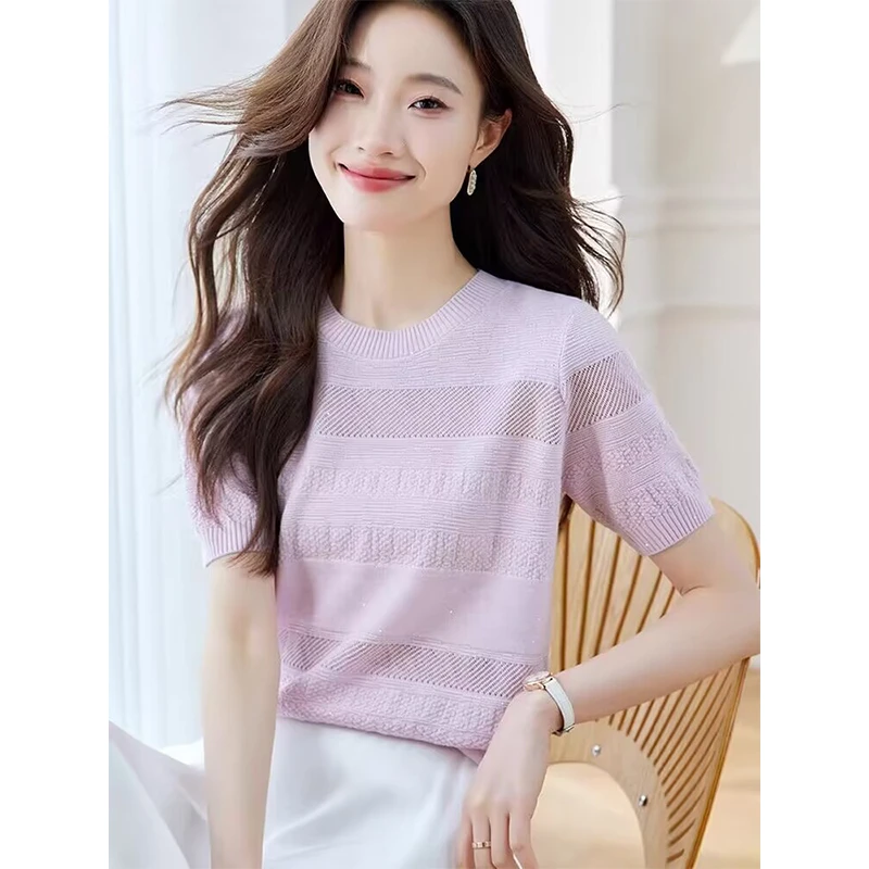 镂空冰丝短袖t恤女2025新款夏季薄款针织衫正肩体恤上衣