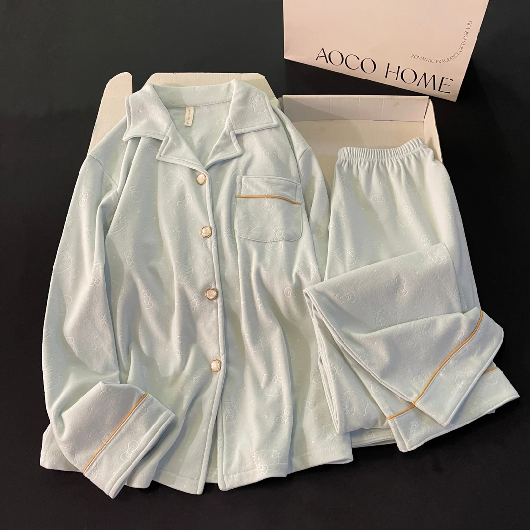 睡衣女春秋季长袖大码德绒2025新款开衫保暖蓝色套装可外穿家居服