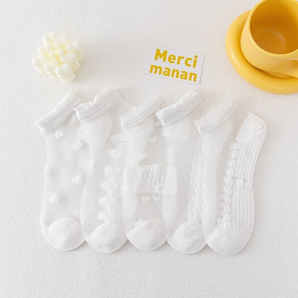 白色透明水晶丝袜女夏季薄款棉底淑女短袜玻璃丝花边学生袜