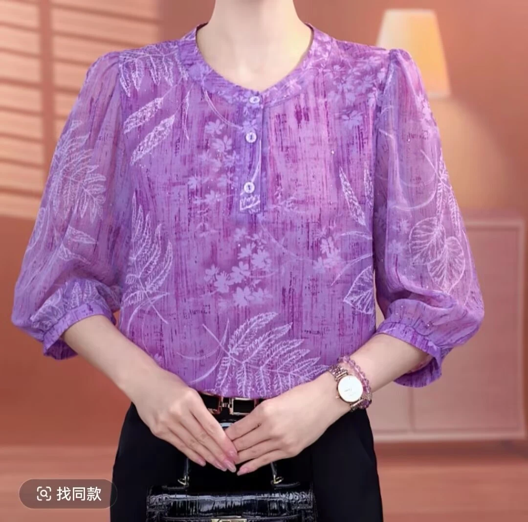 【洒银】夏天薄款新款七分袖花纹冰丝衬衫胖mm遮肚宽松雪纺防晒上衣