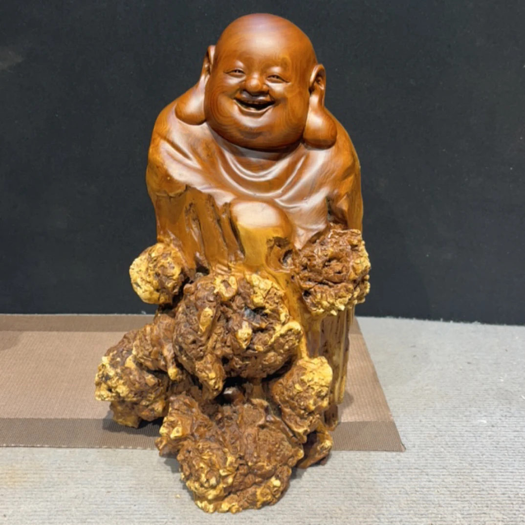 胡杨木弥勒佛随形根雕摆件，39高