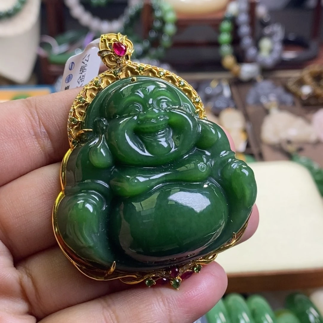 和田玉毕业级碧玉俄料老矿料高冰菠菜绿金镶佛公未镶嵌