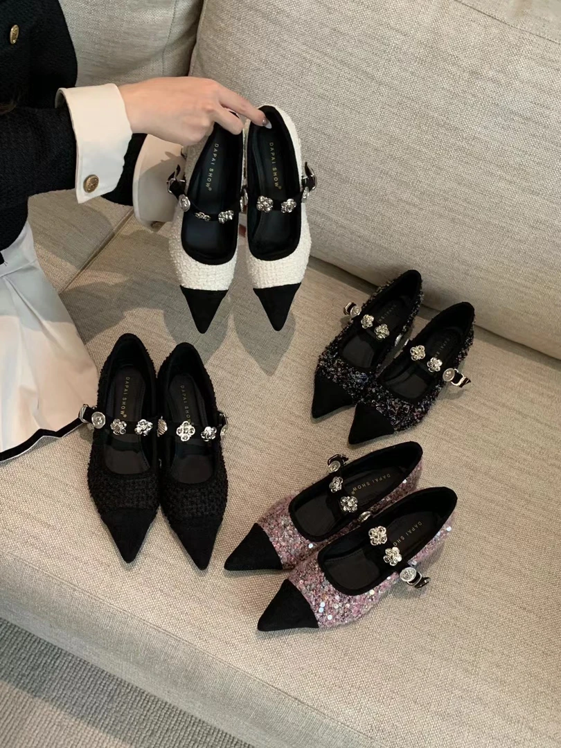 H1211法式小香风气质尖头跟鞋春季网红时尚百搭单鞋春夏粗跟女鞋