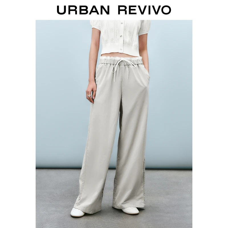 UR2025春季新款女装欧若风撞色拼接松紧腰抽绳阔腿裤UYY650011
