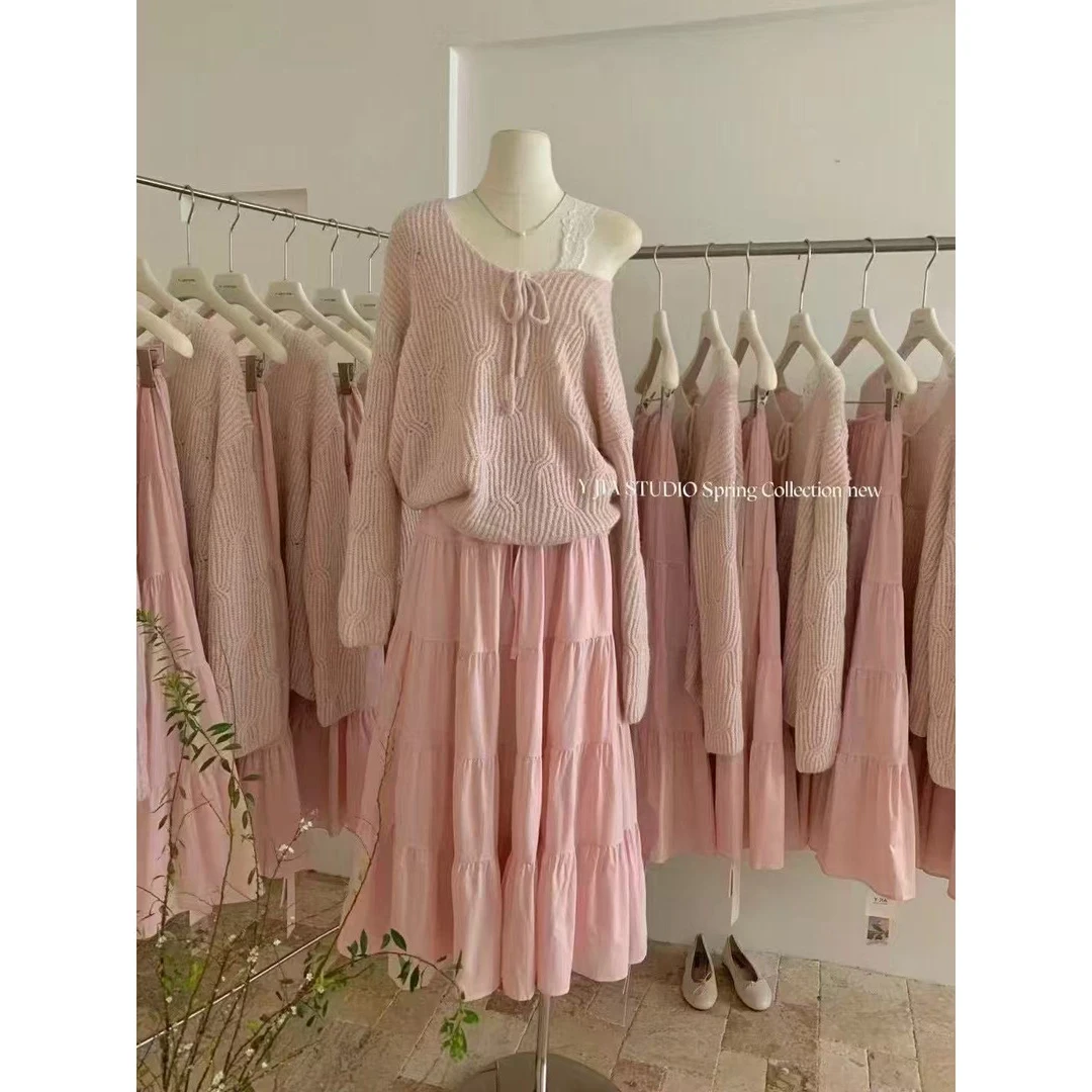 FRVXO早春慵懒风蕾丝大V领毛衣松紧腰甜美中长款半身裙时尚套装女