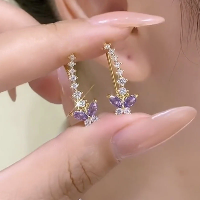 气质超仙紫色镶钻蝴蝶耳排小众设计感耳钉高级感